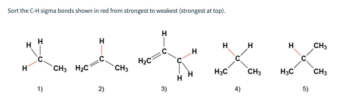 Sort the C-H sigma bonds shown in red from strongest to weakest (strongest at top).
н н
н
1)
Н
2)
CH3
H2
Н
3)
Н
Н
Н
н н
H3C
4)
CH3
н
H3C
5)
CH3
CH3