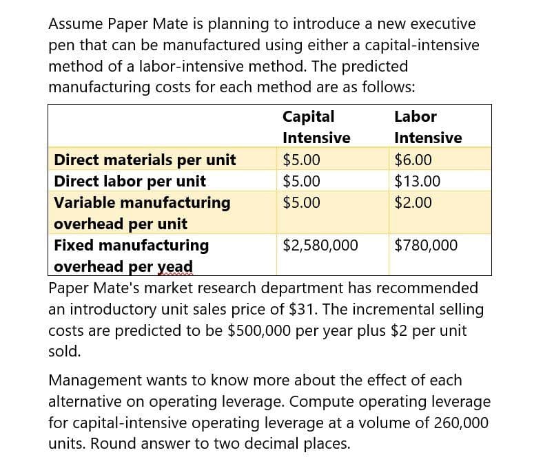 Assume Paper Mate is planning to introduce a new executive
pen that can be manufactured using either a capital-intensive
method of a labor-intensive method. The predicted
manufacturing costs for each method are as follows:
Labor
Capital
Intensive
Intensive
Direct materials per unit
$5.00
$6.00
Direct labor per unit
$5.00
$13.00
Variable manufacturing
$5.00
$2.00
overhead per unit
Fixed manufacturing
$2,580,000
$780,000
overhead per yead
Paper Mate's market research department has recommended
an introductory unit sales price of $31. The incremental selling
costs are predicted to be $500,000 per year plus $2 per unit
sold.
Management wants to know more about the effect of each
alternative on operating leverage. Compute operating leverage
for capital-intensive operating leverage at a volume of 260,000
units. Round answer to two decimal places.