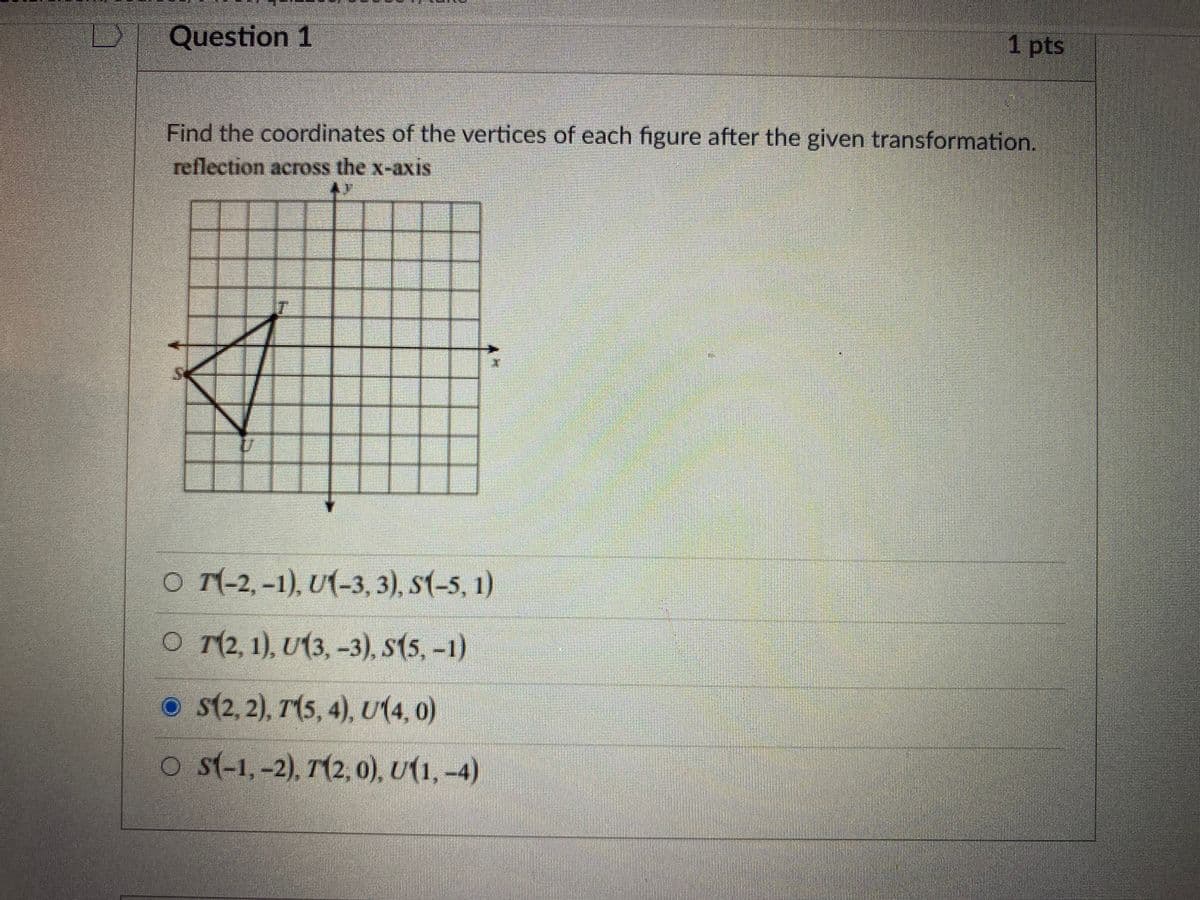 Question 1
1 pts
Find the coordinates of the vertices of each figure after the given transformation.
reflection across the x-axis
O T(-2, -1), U(-3, 3), S(-5, 1)
o r12, 1), U(3, -3), S15, –1)
o s(2, 2), T(5, 4), U(4, 0)
o S(-1, -2), T(2, 0), U(1, -4)
