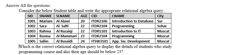 Answer All the questions:
Consider the below Student table and write the appropriate relational algebra query:
AGE CID
CNAME
ITDR2106 Introduction to Database Sur
ITDR2104 Programming
Introduction to IT
ITDR2104 Programming
ITSW3101 App. Sw. Development
SNAME SLNAME
City
SID
1001 Mariam Al Alawi
1002 Sara
1003 Rahma Al Ruzaiqi
1004 Busma Al Mammari 23
1005 Salim
Which is the correct relational algebra query to display the details of students who study
programming course and also their age should be below 23?
20
Al Salti
22
Sohar
22
ITDR1101
Muscat
Muscat
Muscat
Al Busaidi
24
