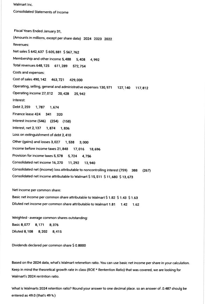 Walmart Inc.
Consolidated Statements of Income
Fiscal Years Ended January 31,
(Amounts in millions, except per share data) 2024 2023 2022
Revenues:
Net sales $642,637 $ 605,881 $567,762
Membership and other income 5,488
5,408 4,992
Total revenues 648,125 611,289 572,754
Costs and expenses:
Cost of sales 490, 142 463,721 429,000
Operating, selling, general and administrative expenses 130,971
Operating income 27,012 20,428
Interest:
Debt 2,259 1,787
1,674
Finance lease 424 341 320
Interest income (546) (254) (158)
Interest, net 2,137 1,874 1,836
25,942
Loss on extinguishment of debt 2,410
Other (gains) and losses 3,027 1,538 3,000
Income before income taxes 21,848
17,016
18,696
Provision for income taxes 5,578 5,724
4,756
Consolidated net income 16,270 11,292
13,940
127,140 117,812
Consolidated net (income) loss attributable to noncontrolling interest (759) 388 (267)
Consolidated net income attributable to Walmart $ 15,511 $11,680 $13,673
Net income per common share:
Basic net income per common share attributable to Walmart $ 1.82 $1.43 $1.63
Diluted net income per common share attributable to Walmart 1.81 1.42 1.62
Weighted-average common shares outstanding:
Basic 8,077 8,171 8,376
Diluted 8,108 8,202 8,415
Dividends declared per common share $ 0.8000
Based on the 2024 data, what's Walmart retenetion ratio. You can use basic net income per share in your calculation.
Keep in mind the theoretical growth rate in class (ROE * Rentention Ratio) that was covered, we are looking for
Walmart's 2024 rentntion ratio.
What is Walmarts 2024 retention ratio? Round your answer to one decimal place. so an answer of .0.487 shoulg be
entered as 49.0 (that's 49%)