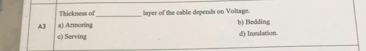 Thickness of
layer of the cable depends
Voltage.
on
A3
a) Armoring
b) Bedding
c) Serving
d) Insulation.
