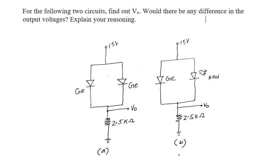 For the following two circuits, find out V.. Would there be any difference in the
output voltages? Explain your reasoning.
P15V
V Ge
Red
Gie
Ge
Vo
Vo
2.5K2
2:5K2
(り
(a)
