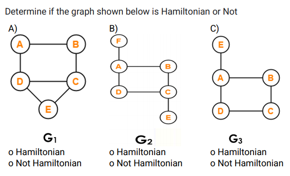 Determine if the graph shown below is Hamiltonian or Not
A)
B)
C)
F
A
B
A
в
D
C
A
E
G1
o Hamiltonian
o Not Hamiltonian
G2
o Hamiltonian
o Not Hamiltonian
G3
o Hamiltonian
o Not Hamiltonian
