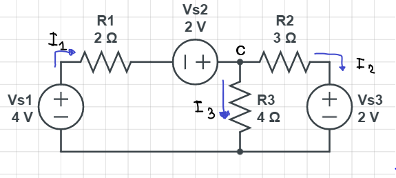 Vs1
4 V
+1
R1
2 Ω
www v
Vs2
2 V
1+
13.
C
R2
3 Ω
R3
4Ω
+
In
Vs3
2 V