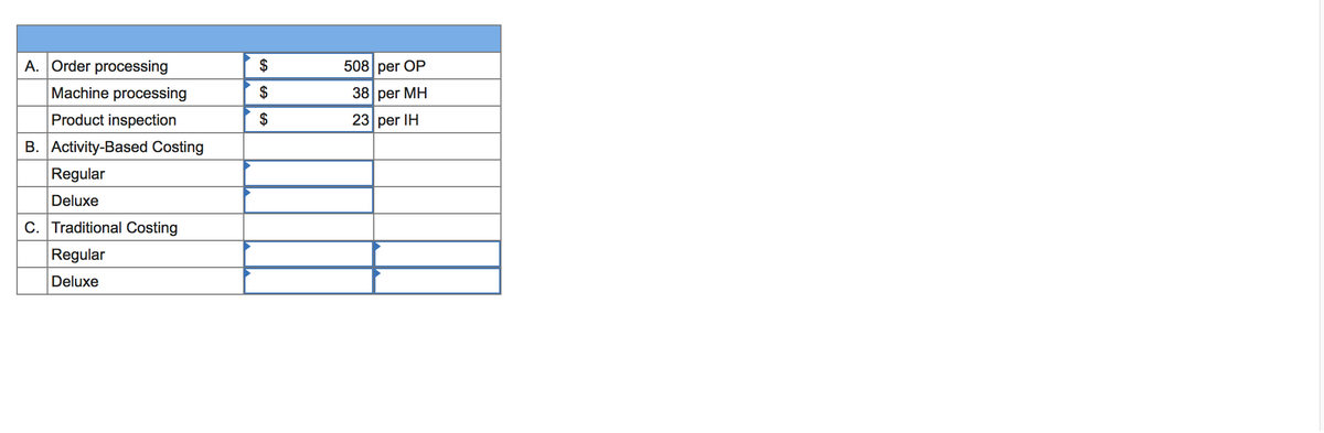 A. Order processing
508 per OP
Machine processing
$
38 per MH
Product inspection
$
23 per IH
B. Activity-Based Costing
Regular
Deluxe
C. Traditional Costing
Regular
Deluxe
