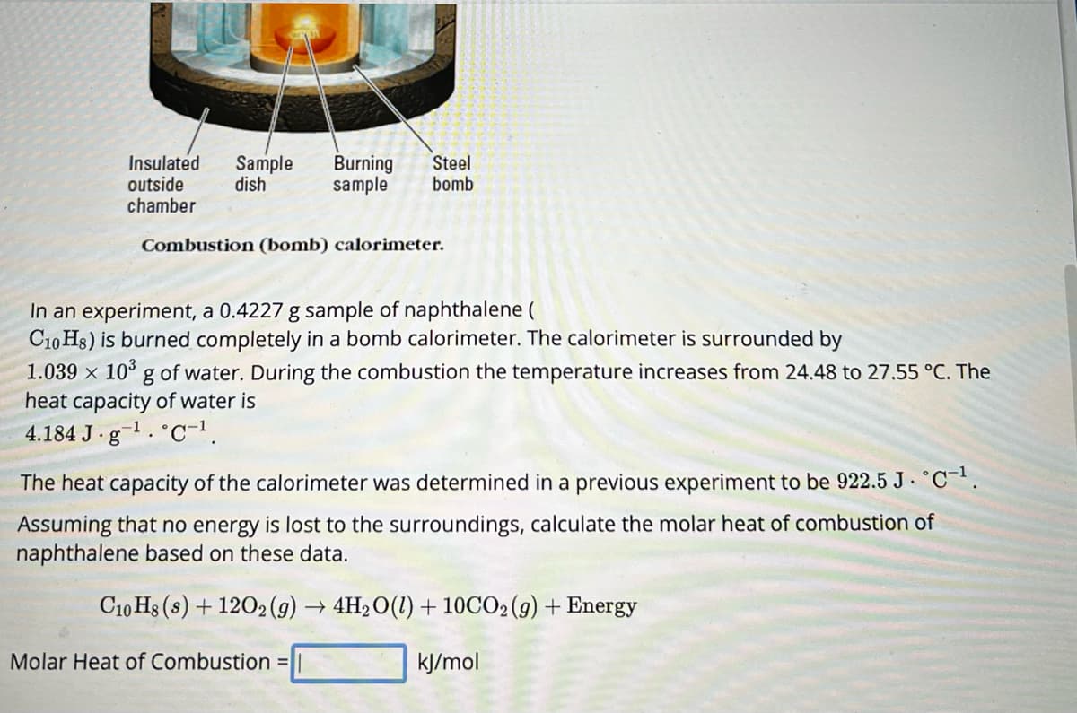 Insulated Sample Burning Steel
outside dish
sample
bomb
chamber
Combustion (bomb) calorimeter.
In an experiment, a 0.4227 g sample of naphthalene (
C10H8) is burned completely in a bomb calorimeter. The calorimeter is surrounded by
1.039 × 10³ g of water. During the combustion the temperature increases from 24.48 to 27.55 °C. The
heat capacity of water is
4.184 J.g¹. C-¹.
The heat capacity of the calorimeter was determined in a previous experiment to be 922.5 J. C¹.
Assuming that no energy is lost to the surroundings, calculate the molar heat of combustion of
naphthalene based on these data.
C10 Hs (s) +1202(g) → 4H₂O(l) +10CO2(g) + Energy
Molar Heat of Combustion =
kJ/mol