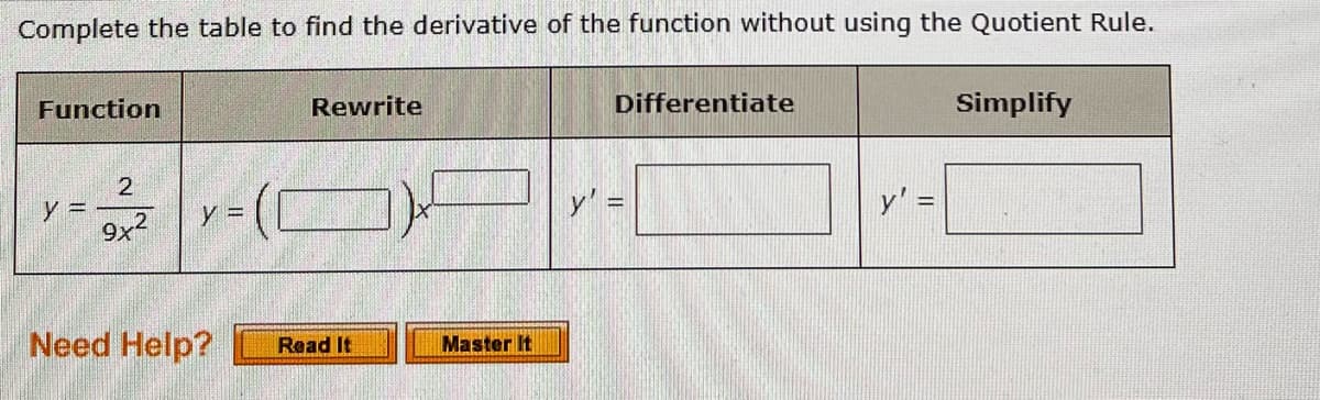 Complete the table to find the derivative of the function without using the Quotient Rule.
Function
y =
2
9x2
y =
Need Help?
Rewrite
Read It
Master It
Differentiate
Simplify