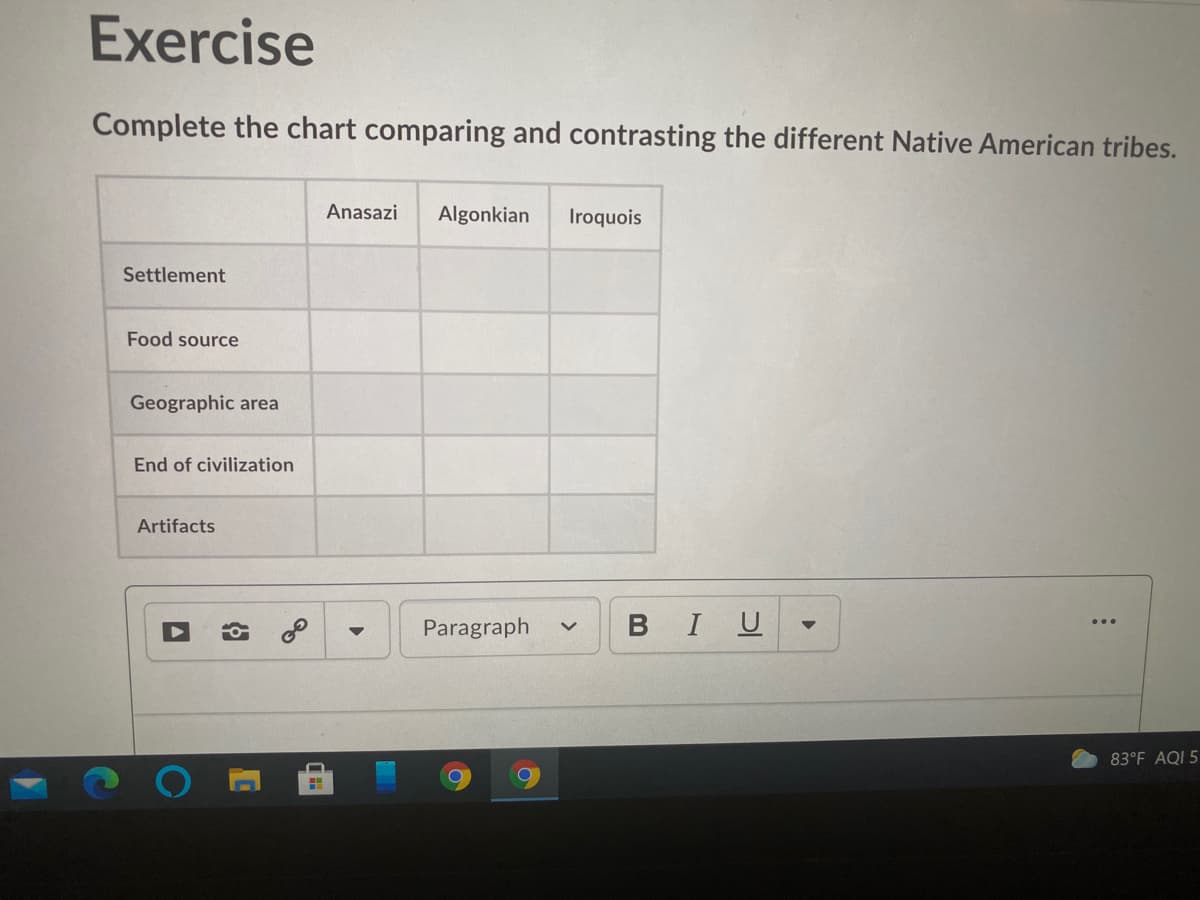 Exercise
Complete the chart comparing and contrasting the different Native American tribes.
Anasazi
Algonkian
Iroquois
Settlement
Food source
Geographic area
End of civilization
Artifacts
Paragraph
BIU
83°F AQI 5
