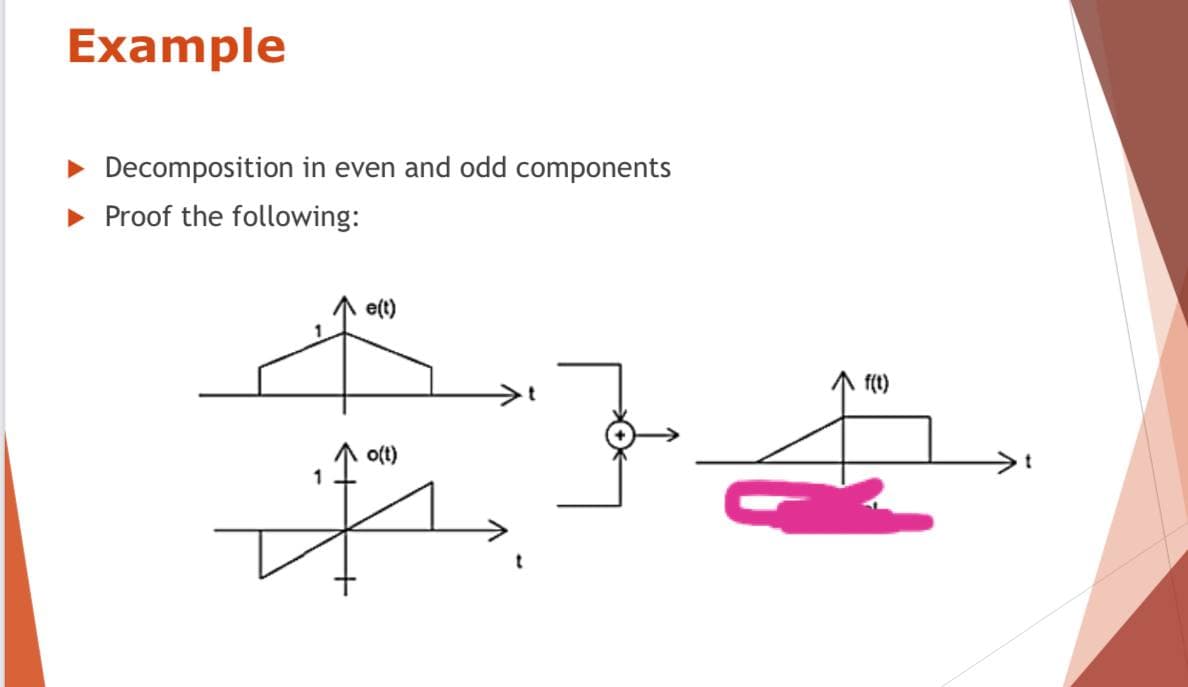 Example
• Decomposition in even and odd components
• Proof the following:
e(t)
f(t)
o(t)
