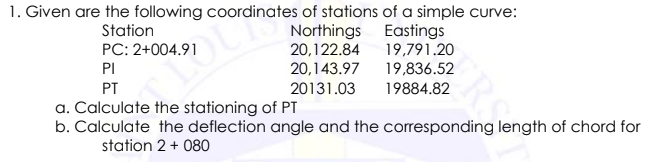 1. Given are the following coordinates of stations of a simple curve:
Northings Eastings
20,122.84 19,791.20
20,143.97 19,836.52
Station
PC: 2+004.91
PI
PT
20131.03
19884.82
a. Calculate the stationing of PT
b. Calculate the deflection angle and the corresponding length of chord for
station 2 + 080
RS
