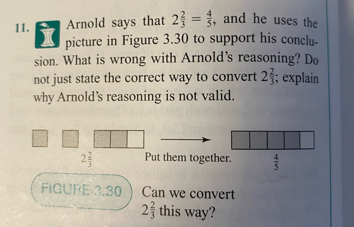 Arnold says that 2 = 3, and he uses the
picture in Figure 3.30 to support his conclu-
sion. What is wrong with Arnold's reasoning? Do
not just state the correct way to convert 2; explain
why Arnold's reasoning is not valid.
11.
Put them together.
FIGURE 3.30
Can we convert
2 this way?
NI3
