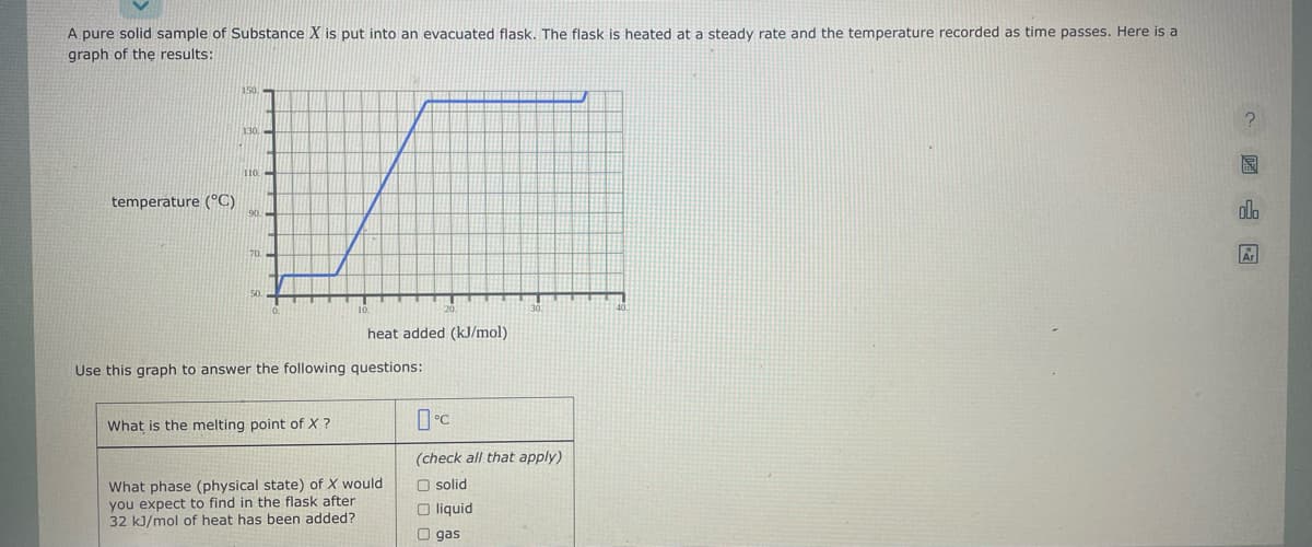 A pure solid sample of Substance X is put into an evacuated flask. The flask is heated at a steady rate and the temperature recorded as time passes. Here is a
graph of the results:
Z
temperature (°C)
150.
130.
110.
heat added (kJ/mol)
Use this graph to answer the following questions:
What is the melting point of X ?
What phase (physical state) of X would
you expect to find in the flask after
32 kJ/mol of heat has been added?
0°C
(check all that apply)
solid
O liquid
O gas
000
Ar