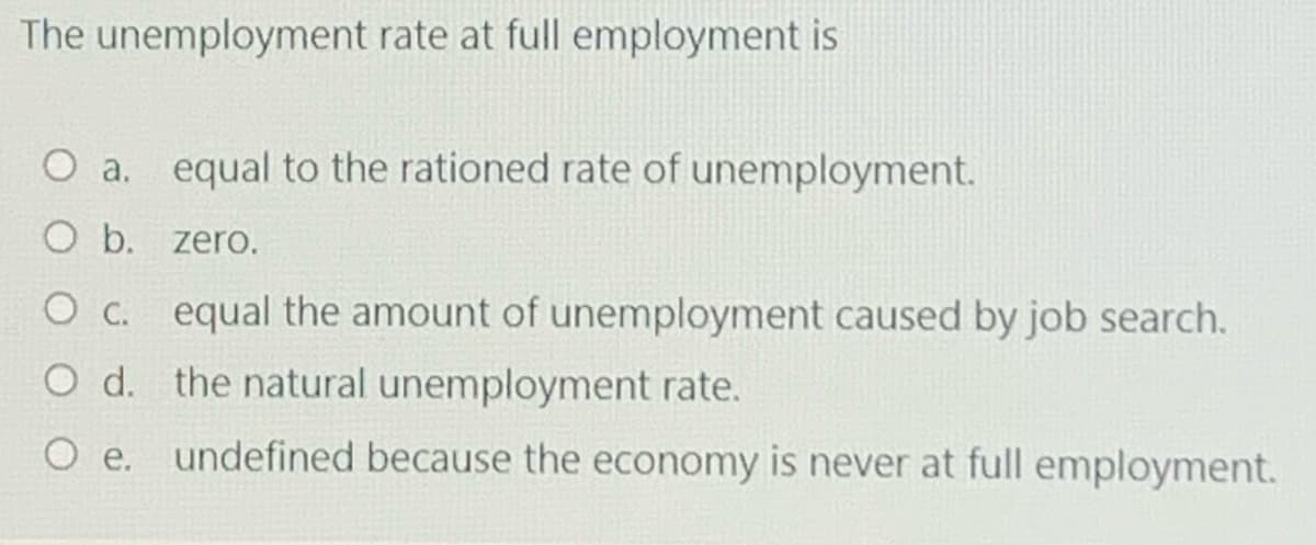 The unemployment rate at full employment is
O a. equal to the rationed rate of unemployment.
O b. zero.
O c. equal the amount of unemployment caused by job search.
O d. the natural unemployment rate.
O e. undefined because the economy is never at full employment.
