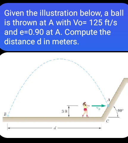 Given the illustration below, a ball
is thrown at A with Vo= 125 ft/s
and e=0.90 at A. Compute the
distance d in meters.
B
3 ft
60°