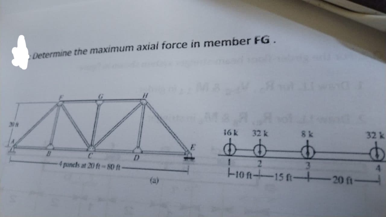 20 ft
Determine the maximum axial force in member FG.
C
-4 panels at 20 ft-80 ft-
D
16 k 32 k 8k
d b
$
3
-10-15-
-20 ft-
32 k
$