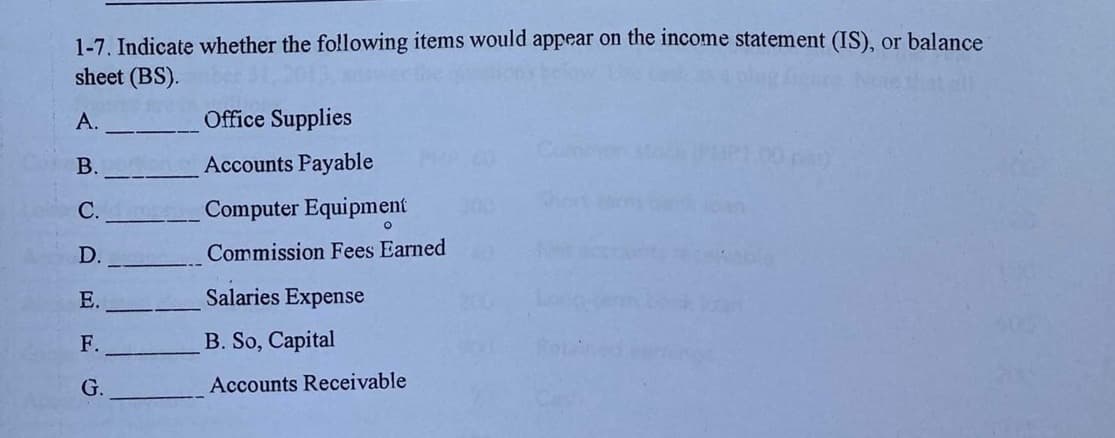 1-7. Indicate whether the following items would appear on the income statement (IS), or balance
sheet (BS).
A.
Office Supplies
В.
Accounts Payable
pa)
С.
Computer Equipment
D.
Commission Fees Earned
E.
Salaries Expense
F.
B. So, Capital
G.
Accounts Receivable
