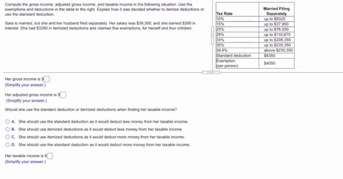 Compute the gross income, adjusted gross income, and taxable income in the following situation. Use the
exemptions and deducfions in the table to the right. Explain how it was decided whather to itemize deductions or
use the standard deduction.
Married Filing
Separately
up to $9325
up to $37.950
up to $76.550
up to $116,675
up to $208.350
up to $235.350
above $235.3350
$6350
Tax Rate
10%
15%
25%
28%
33%
35%
39.6%
Standard deduction
Exemption
(per person)
Sara is married, but she and her husband fled separately. Her salary was $39,300, and she eamed $260 in
interest. She had S$3290 in itemized deductions and claimed five exemptions, for herself and four children.
S4050
Her gross income is S
(Simplity your answer.)
Her adjusted gross income is S
(Simplify your answer.)
Should she use the standard deduction or itemized deductions when finding her taxable income?
A. She should use the standard deduction as it would deduct less money from her taxable income.
B. She should use itemized deductions as it would deduct less money from her taxable income.
O. She should use itemized deductions as it would deduct more money from her taxable income.
OD. She should use the standard deduction as it would deduct more money from her taxable income.
Her taxable income is
(Simplity your answer.)
