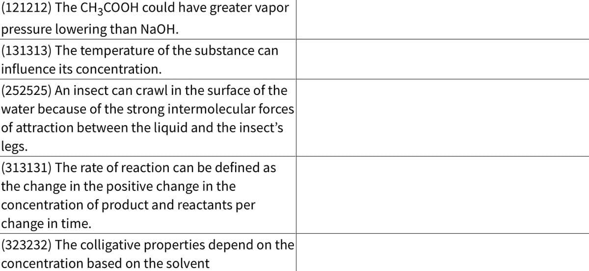 (121212) The CH3COOH could have greater vapor
pressure lowering than NaOH.
(131313) The temperature of the substance can
influence its concentration.
(252525) An insect can crawl in the surface of the
water because of the strong intermolecular forces
of attraction between the liquid and the insect's
legs.
(313131) The rate of reaction can be defined as
the change in the positive change in the
concentration of product and reactants per
change in time.
(323232) The colligative properties depend on the
concentration based on the solvent
