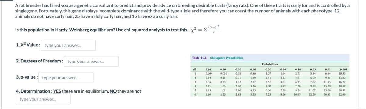 A rat breeder has hired you as a genetic consultant to predict and provide advice on breeding desirable traits (fancy rats). One of these traits is curly fur and is controlled by a
single gene. Fortunately, this gene displays incomplete dominance with the wild-type allele and therefore you can count the number of animals with each phenotype. 12
animals do not have curly hair, 25 have mildly curly hair, and 15 have extra curly hair.
Is this population in Hardy-Weinberg equilibrium? Use chi-squared analysis to test this. X² = (-e)²
1.X² Value: type your answer...
2. Degrees of Freedom: type your answer...
3. p-value: type your answer...
Table 11.5 Chi-Square Probabilities
Probabilities
df
0.95
0.90
0.70
0.30
0.30
0.20
0.10
0.05
0.01
0.001
1
0.004
0.016
0.15
0.46
1.07
1.64
2.71
3.84
6.64
10.83
2
0.10
0.21
0.71
1.39
2.41
3.22
4.61
5.99
9.21
13.82
3
0.35
0.58
1.42
2.37
3.67
4.64
6.25
7.82
11.35
16.27
+
0.71
1.06
2.20
3.36
4.88
5.99
7.78
9.49
13.28
18.47
4. Determination: YES these are in equilibrium, NO they are not
type your answer...
5
1.15
1.61
3.00
4.35
6.06
7.29
9.24
11.07
15.09
20.52
6
1.64
2.20
3.83
5.35
7.23
8.56
10.65
12.59
16.81
22.46