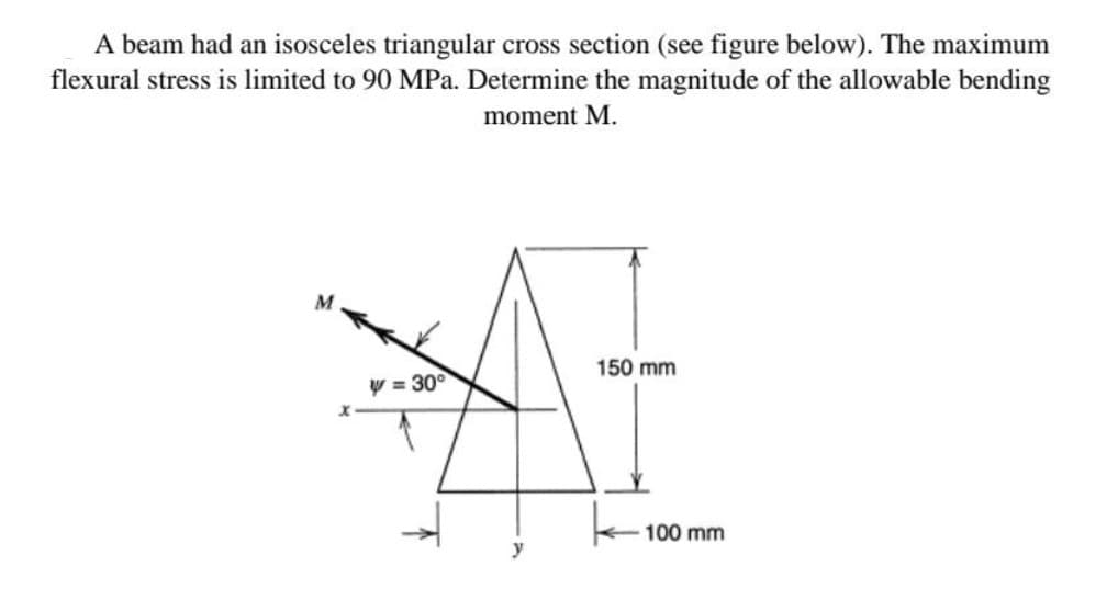 A beam had an isosceles triangular cross section (see figure below). The maximum
flexural stress is limited to 90 MPa. Determine the magnitude of the allowable bending
moment M.
150 mm
Y = 30°
100 mm
y
