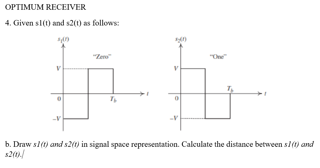 OPTIMUM RECEIVER
4. Given sl(t) and s2(t) as follows:
$₁(1)
"Zero"
玩
Tb
-V
$₂(1)
V
-V
"One"
Th
b. Draw s1(t) and s2(t) in signal space representation. Calculate the distance between s1 (t) and
s2(t)./