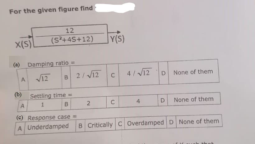 For the given figure find
X(S)
(a) Damping ratio =
√12
A
12
(S²+45+12)
(b)
B 2/√12
Settling time =
1
B
2
Y(S)
C
C
4/√12
4
D
D
None of them
None of them
A
(c) Response case =
A Underdamped B Critically C Overdamped D None of them
EV
that