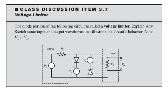 I CLASS DISCUSSION ITEM 3.7
Voltage Limiter
The diode portion of the following circuit is called a voltage limiter. Explain why.
Sketch some input and output waveforms that illustrate the circuit's behavior. Note:
Vµ> Vµ:
source
load
RL
