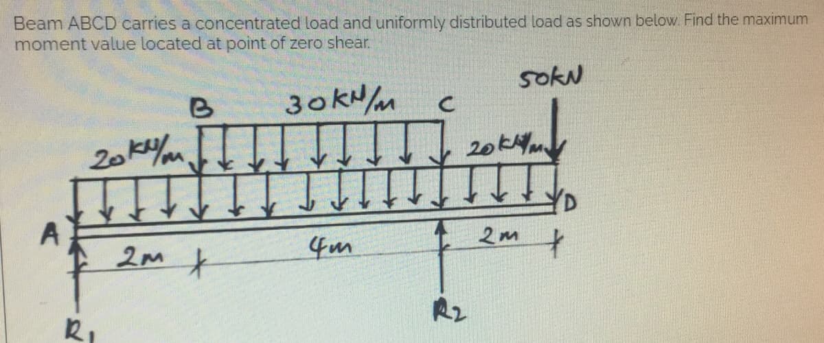 Beam ABCD carries a concentrated load and uniformly distributed load as shown below. Find the maximum
moment value located at point of zero shear
soku
B
30 kN/m
20 kum
D
4m
A
R₁
2m x
R2
20 k
2m
+