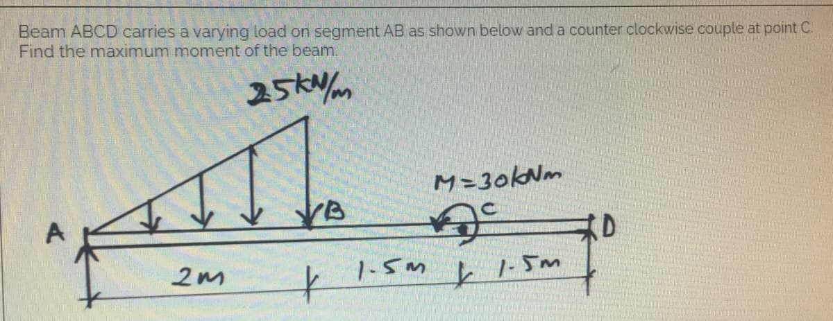 Beam ABCD carries a varying load on segment AB as shown below and a counter clockwise couple at point C.
Find the maximum moment of the beam.
25kN/m
M=30kNm
VB
↓
1.5m
2m
+
1.5m
D