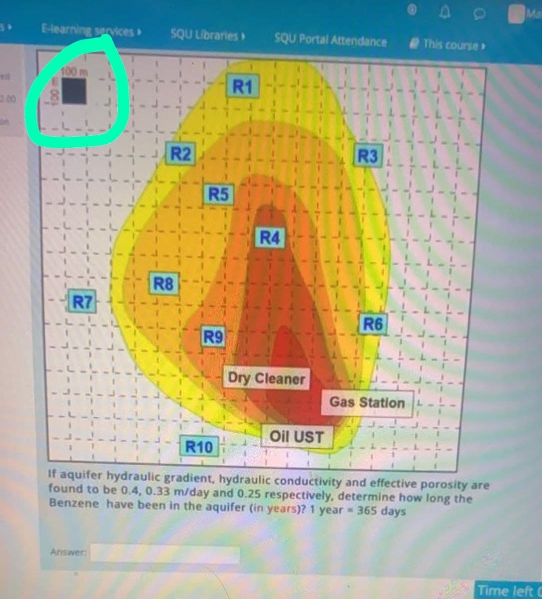 Ma
E-Hearning sarvices
SQU Libraries»
SQU Portal Attendance
This course
100m
R1
200
R2
R3
R5
R4
R8
R7
R6
R9
Dry Cleaner
J.
Gas Station
Oil UST
R10
If aquifer hydraulic gradient, hydraulic conductivity and effective porosity are
found to be 0.4, 0.33 m/day and 0.25 respectively, determine how long the
Benzene have been in the aquifer (in years)? 1 year 365 days
Answer
Time left C
