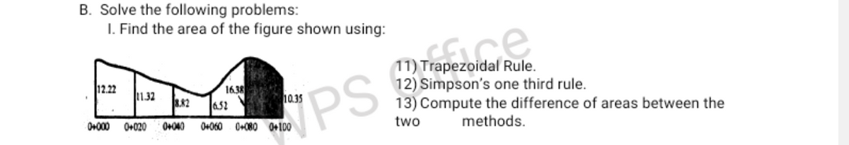 B. Solve the following problems:
I. Find the area of the figure shown using:
11) Trapezoidal Rule.
12) Simpson's one third rule.
13) Compute the difference of areas between the
12.22
11.32
8.82
1638
6.52
PS
10.35
0+000
O+020
0+040
0+060 0+080 0+100
two
methods.
