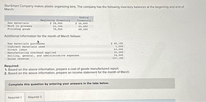 StorSmart Company makes plastic organizing bins. The company has the following inventory balances at the beginning and end of
March:
Beginning Inventory
$ 28,900
22,300
79,900
Additional information for the month of March follows:
Raw materials
Work in process
Finished goods
Raw materials purchases
Indirect materials used
Direct labor
Ending
Inventory
$ 26,600
45,600
68,400
Manufacturing overhead applied
Selling, general, and administrative expenses
Sales revenue
Required 1 Required 21
Required:
1. Based on the above information, prepare a cost of goods manufactured report.
2. Based on the above information, prepare an income statement for the month of March.
Complete this question by entering your answers in the tabs below.
$ 40,100
1,200
63,000
35,200
24,900
237,100