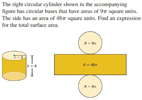 The right circular cylinder shown in the accompanying
figure has circular bases that have areas of 97 square units.
The side has an area of 487 square units. Find an expression
for the total surface area.
A = 97
h = 8
A = 487
A = 9
