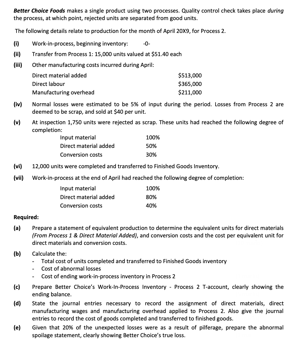 Better Choice Foods makes a single product using two processes. Quality control check takes place during
the process, at which point, rejected units are separated from good units.
The following details relate to production for the month of April 20X9, for Process 2.
(i)
Work-in-process, beginning inventory:
-0-
(ii)
Transfer from Process 1: 15,000 units valued at $51.40 each
(iii)
Other manufacturing costs incurred during April:
Direct material added
$513,000
Direct labour
$365,000
Manufacturing overhead
$211,000
(iv)
Normal losses were estimated to be 5% of input during the period. Losses from Process 2 are
deemed to be scrap, and sold at $40 per unit.
(v)
At inspection 1,750 units were rejected as scrap. These units had reached the following degree of
completion:
Input material
100%
Direct material added
50%
Conversion costs
30%
(vi)
12,000 units were completed and transferred to Finished Goods Inventory.
(vii)
Work-in-process at the end of April had reached the following degree of completion:
Input material
100%
Direct material added
80%
Conversion costs
40%
Required:
(a)
Prepare a statement of equivalent production to determine the equivalent units for direct materials
(From Process 1 & Direct Material Added), and conversion costs and the cost per equivalent unit for
direct materials and conversion costs.
(b)
Calculate the:
Total cost of units completed and transferred to Finished Goods inventory
Cost of abnormal losses
Cost of ending work-in-process inventory in Process 2
Prepare Better Choice's Work-In-Process Inventory
ending balance.
(c)
- Process 2 T-account, clearly showing the
(d)
State the journal entries necessary to record the assignment of direct materials, direct
manufacturing wages and manufacturing overhead applied to Process 2. Also give the journal
entries to record the cost of goods completed and transferred to finished goods.
(e)
Given that 20% of the unexpected losses were as a result of pilferage, prepare the abnormal
spoilage statement, clearly showing Better Choice's true loss.
