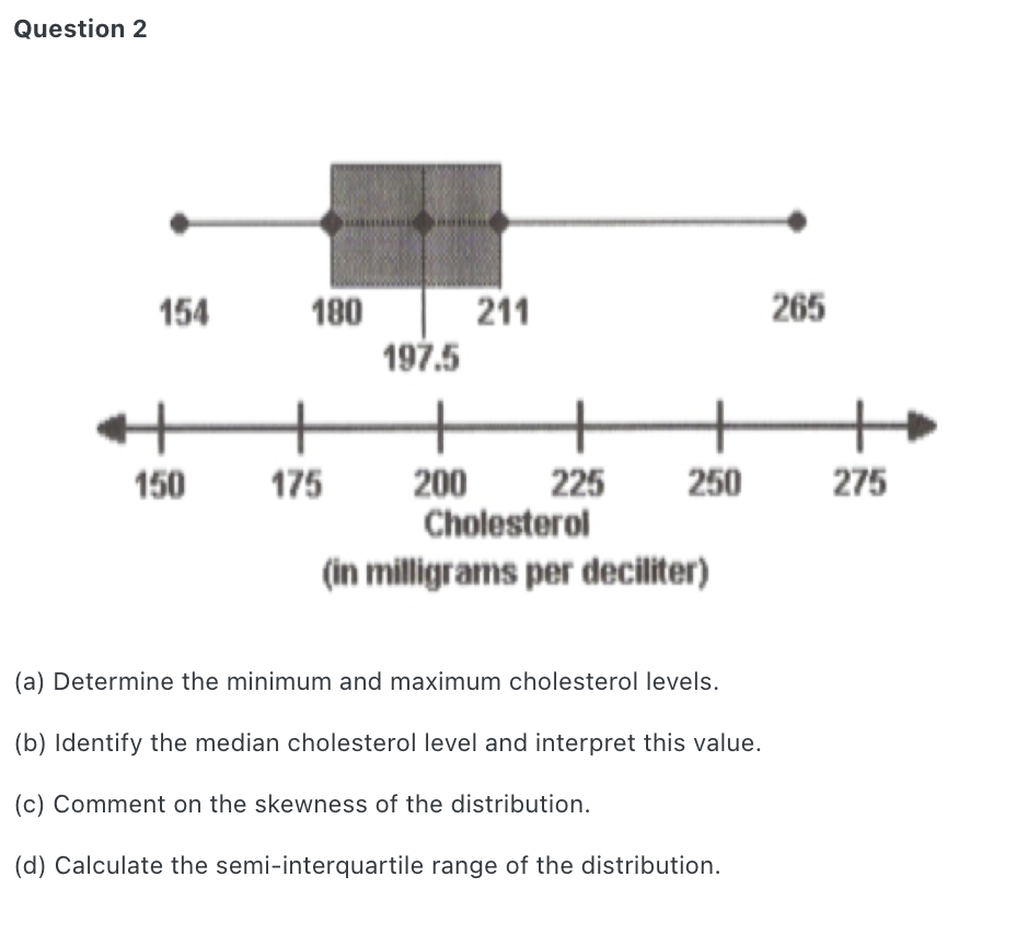 Question 2
265
211
197.5
154
180
+
150
175
200
225
250
275
Cholesterol
(in milligrams per deciliter)
(a) Determine the minimum and maximum cholesterol levels.
(b) Identify the median cholesterol level and interpret this value.
(c) Comment on the skewness of the distribution.
(d) Calculate the semi-interquartile range of the distribution.
