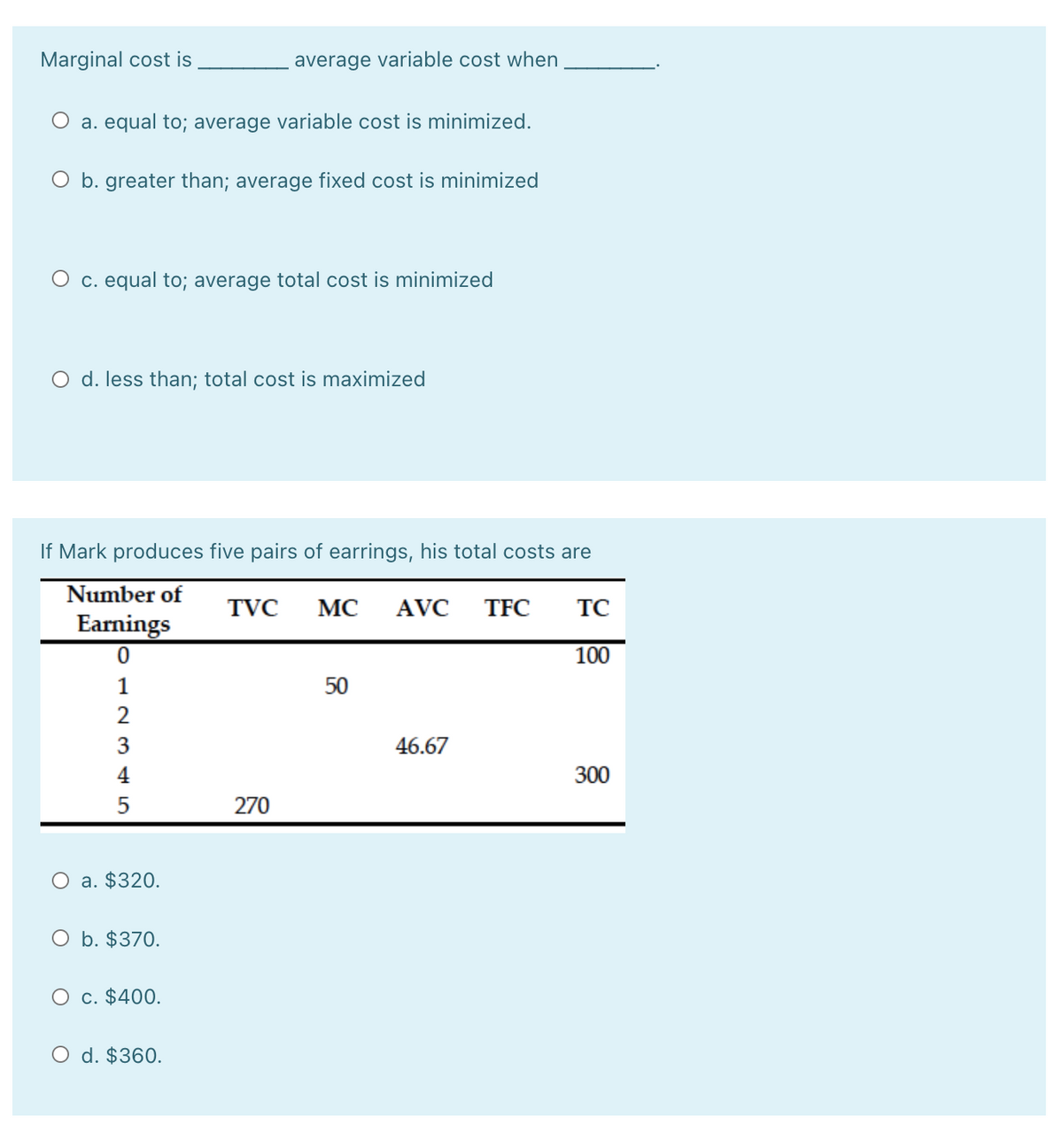 Marginal cost is
average variable cost when
O a. equal to; average variable cost is minimized.
O b. greater than; average fixed cost is minimized
O c. equal to; average total cost is minimized
O d. less than; total cost is maximized
If Mark produces five pairs of earrings, his total costs are
Number of
TVC
MC
AVC
TFC
TC
Earnings
100
1
50
2
3
46.67
4
300
5
270
O a. $320.
O b. $370.
O c. $400.
O d. $360.
