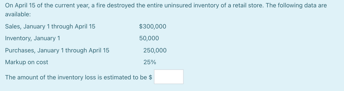 On April 15 of the current year, a fire destroyed the entire uninsured inventory of a retail store. The following data are
available:
Sales, January 1 through April 15
$300,000
Inventory, January 1
50,000
Purchases, January 1 through April 15
250,000
Markup on cost
25%
The amount of the inventory loss is estimated to be $
