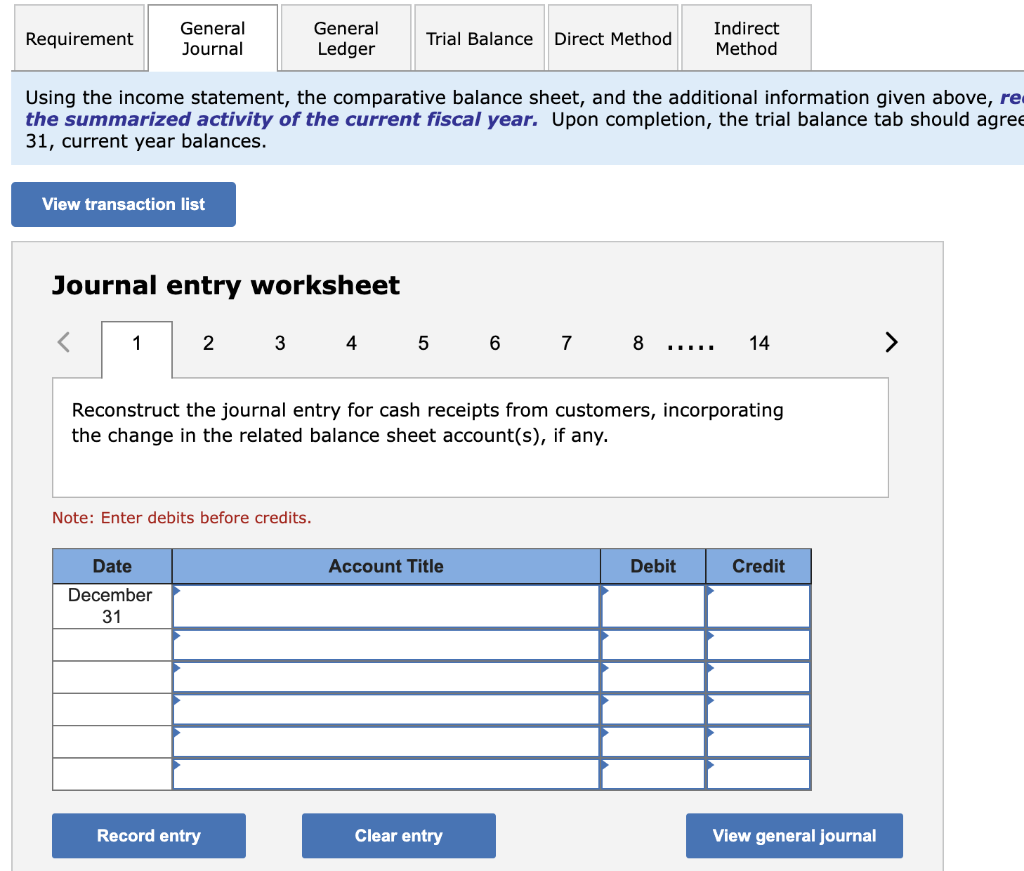 Requirement
General
Journal
View transaction list
1
Using the income statement, the comparative balance sheet, and the additional information given above, re
the summarized activity of the current fiscal year. Upon completion, the trial balance tab should agree
31, current year balances.
Journal entry worksheet
2
Date
December
31
General
Ledger
Note: Enter debits before credits.
Trial Balance Direct Method
Record entry
3 4 5 6
Reconstruct the journal entry for cash receipts from customers, incorporating
the change in the related balance sheet account(s), if any.
Account Title
7
Clear entry
8
Indirect
Method
Debit
14
Credit
View general journal