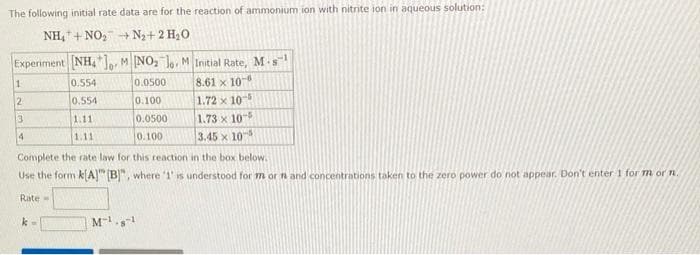 The following initial rate data are for the reaction of ammonium ion with nitrite ion in aqueous solution:
NH₂+NO₂ → N₂+ 2 H₂O
Experiment [NH4] MNO₂ lo. M Initial Rate, M-s
8.61 x 10-6
1.72 x 105
1.73 x 105
3.45 x 10-5
1
2
3
4
0.554
0.554
1.11
1.11
0.0500
0.100
0.0500
0.100
Complete the rate law for this reaction in the box below.
Use the form k[A] [B]", where '1' is understood for m or n and concentrations taken to the zero power do not appear. Don't enter 1 for m or n.
Rate -
k-
M¹.8¹