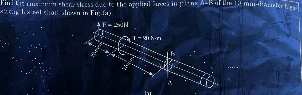 Find the maximum shear stress due to the applied forces in plane A-B of the 10-mm-diameter high-
strength steel shaft shown in Fig.(a).
A P = 250N
25mm
75mm
T= 20 N-m
B
(a)
A