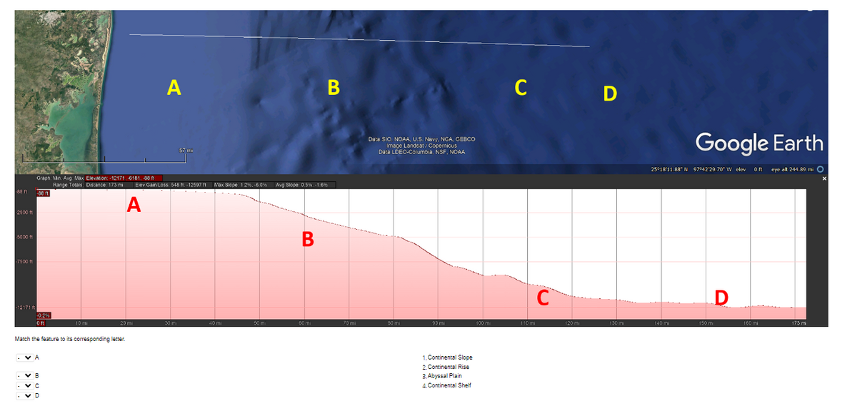 -88 11
-2500 ft
5000 ft
-7500 f
-12171 f
Graph: Min. Avg. Max Elevation: -12171. -6181. -88 1
Range Totals: Distance: 173 mi
-88 ft
-0.2%
Oft
VA
10 mi
Match the feature to its corresponding letter.
VB
C
D
20 mi
A
A
57
Elev Gain Loss: 548 ft. -12597 ft Max Slope: 1.2%. -6.0% Avg Slope: 0.5%. -1.6%
30 mi
40 mi
50 mi
B
B
60 mil
70 mi
Data SIO, NOAA, U.S. Navy, NCA, CEBCO
Image Landsat / Copernicus
Data LDEC-Columbia, NSF, NOAA
80 mil
90 mi
1. Continental Slope
2. Continental Rise
3. Abyssal Plain
4. Continental Shelf
100 mi
с
110 mi
C
120 mi
DA
130 mi
Google Earth
25°18′11.88" N 97°42′29.70 W elev Oft eye alt 244.89 mi
140 m
150 m
160 mi
173 mi