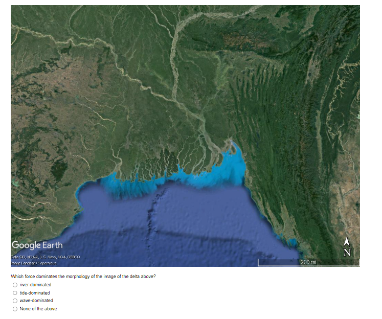 Google Earth
Dato SIO, NOAA, US, Novy, NGA, GERCO
moge Londont / Copernicus
Which force dominates the morphology of the image of the delta above?
Oriver-dominated
O tide-dominated
Owave-dominated
None of the above
200 mi
N