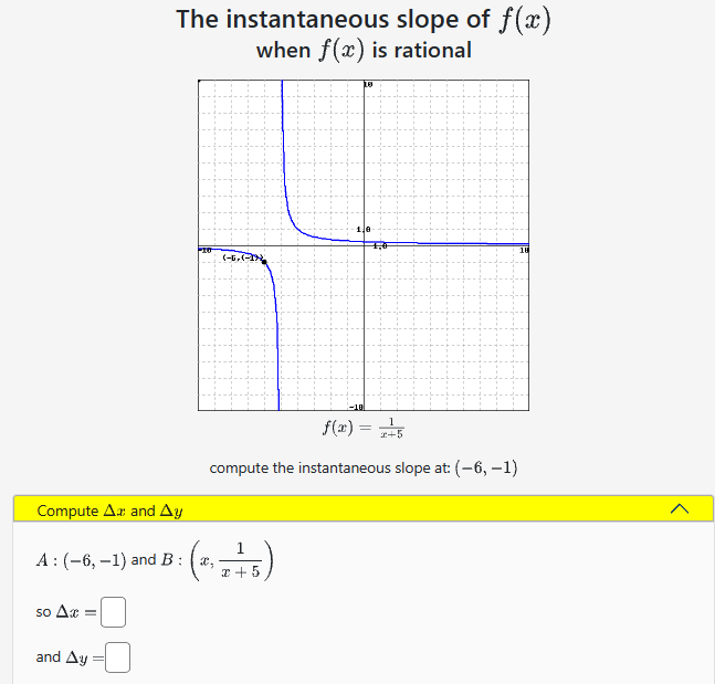 Compute Aa and Ay
A: (-6, -1) and B:
so Ax=
The instantaneous slope of f(x)
when f(x) is rational
and Ay
-10
(-6.(IN
1,8
1
x + 5
18
f(x) = x+5
compute the instantaneous slope at: (-6, -1)