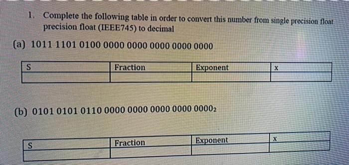 1. Complete the following table in order to convert this number from single precision float
precision float (IEEE745) to decimal
(a) 1011 1101 0100 0000 0000 0000 0000 0000
Fraction
Exponent
(b) 0101 0101 0110 0000 0000 0000 0000 00002
Fraction
Exponent
