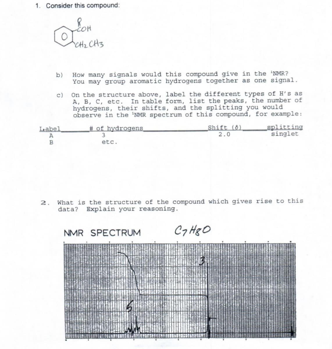 1. Consider this compound:
CHz CH3
b)
How many signals would this compound give in the 'NMR?
You may group aromatic hydrogens together as one signal.
On the structure above, label the different types of H’s as
А, В, С, etc.
hydrogens, their shifts, and the splitting you would
observe in the 'NMR spectrum of this compound, for example:
с)
In table form, list the peaks, the number of
Label
A
# of hydrogens
Shift (ð)
2.0
splitting
singlet
etc.
What is the structure of the compound which gives rise to this
data?
2.
Explain your reasoning.
SPECTRUM
Cy Hg O
NMR

