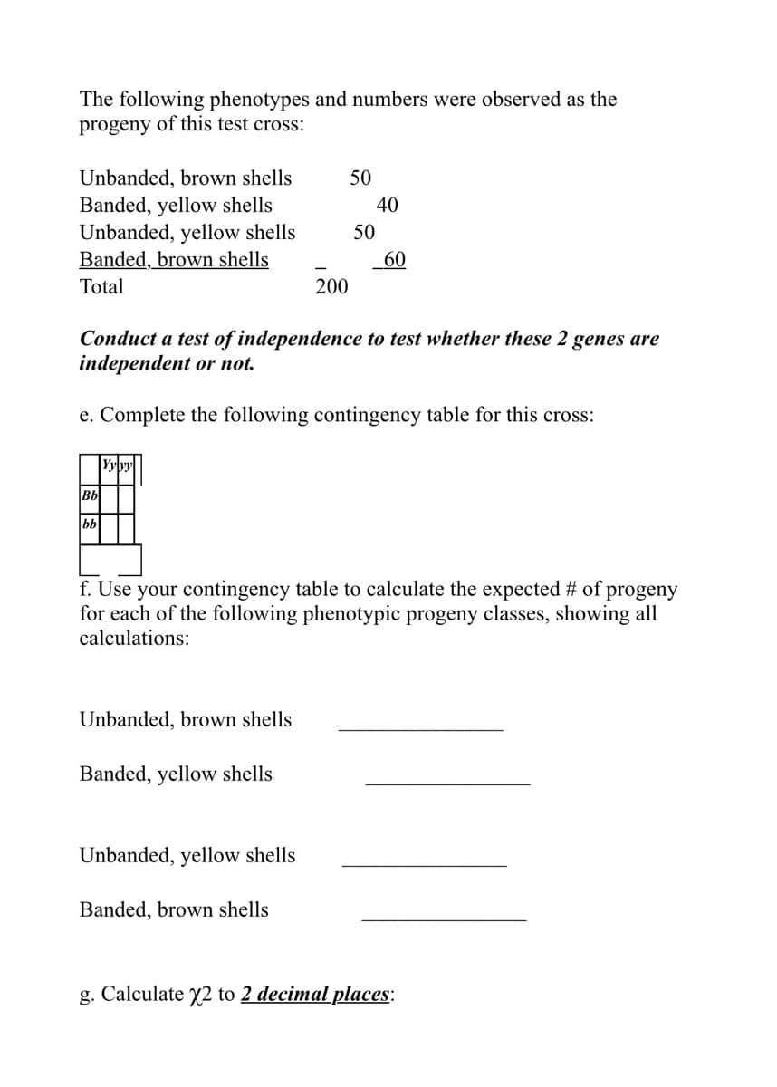 The following phenotypes and numbers were observed as the
progeny of this test cross:
Unbanded, brown shells
50
Banded, yellow shells
Unbanded, yellow shells
Banded, brown shells
40
50
60
Total
200
Conduct a test of independence to test whether these 2 genes are
independent or not.
e. Complete the following contingency table for this cross:
Yyy
Bb
bb
f. Use your contingency table to calculate the expected # of progeny
for each of the following phenotypic progeny classes, showing all
calculations:
Unbanded, brown shells
Banded, yellow shells
Unbanded, yellow shells
Banded, brown shells
g. Calculate X2 to 2 decimal places:
