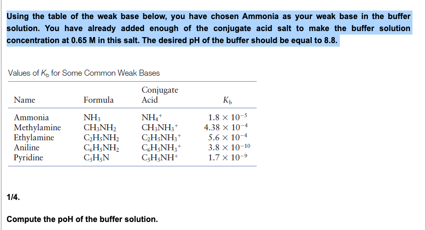 Using the table of the weak base below, you have chosen Ammonia as your weak base in the buffer
solution. You have already added enough of the conjugate acid salt to make the buffer solution
concentration at 0.65 M in this salt. The desired pH of the buffer should be equal to 8.8.
Values of K, for Some Common Weak Bases
Conjugate
Acid
Name
Formula
Kp
1.8 x 10-5
4.38 x 10-4
5.6 x 10-4
Ammonia
Methylamine
Ethylamine
Aniline
NH3
CH;NH2
CH;NH2
C,H;NH,
C;H;N
NH,+
CH;NH3*
CH;NH3*
CH;NH;*
C;H;NH+
3.8 x 10-10
1.7 x 10-9
Pyridine
1/4.
Compute the poH of the buffer solution.
