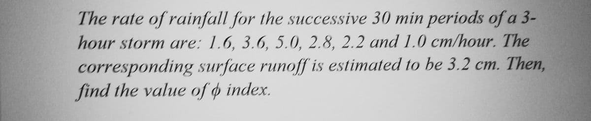 The rate of rainfall for the successive 30 min periods of a 3-
hour storm are: 1.6, 3.6, 5.0, 2.8, 2.2 and 1.0 cm/hour. The
corresponding surface runoff is estimated to be 3.2 cm. Then,
find the value of o index.