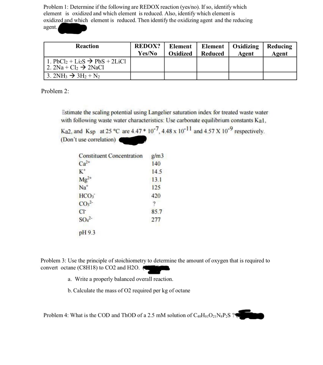 Problem 1: Determine if the following are REDOX reaction (yes/no). If so, identify which
element is oxidized and which element is reduced. Also, identify which element is
oxidized and which element is reduced. Then identify the oxidizing agent and the reducing
agent.
Reaction
1. PbCl2 + Li2S → PbS+2LiCl
2. 2Na+ Cl2 → 2NaCl
3. 2NH33H2 + N2
Problem 2:
Estimate the scaling potential using Langelier saturation index for treated waste water
with following waste water characteristics: Use carbonate equilibrium constants Kal,
Ka2, and Ksp at 25 °C are 4.47* 10-7, 4.48 x 10-11 and 4.57 X 10-9 respectively.
(Don't use correlation)
REDOX? Element Element Oxidizing Reducing
Yes/No Oxidized Reduced Agent Agent
Constituent Concentration
Ca²+
K+
Mg2+
Na*
HCO3
CO3²-
CI
SO4²-
pH 9.3
g/m3
140
14.5
13.1
125
420
?
85.7
277
Problem 3: Use the principle of stoichiometry to determine the amount of oxygen that is required to
convert octane (C8H18) to CO2 and H2O.
a. Write a properly balanced overall reaction.
b. Calculate the mass of O2 required per kg of octane
Problem 4: What is the COD and ThOD of a 2.5 mM solution of C40H81O21N8P₂S ?